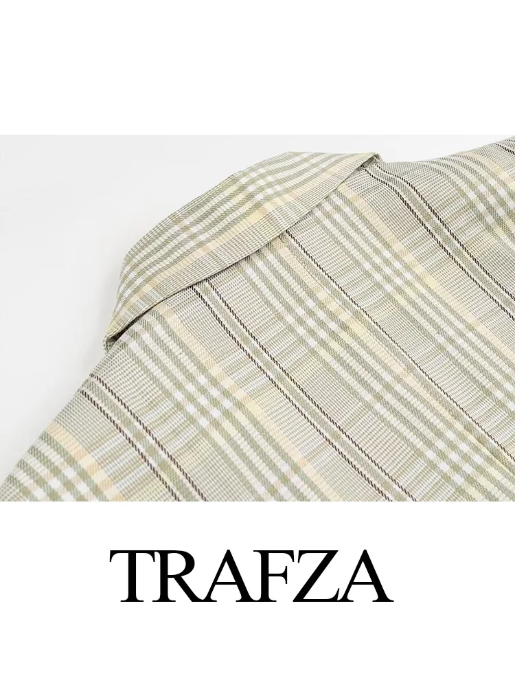 TRAFZA Weibliche Neue Frische Grün Plaid Zweireiher Blazer Frauen Drehen Unten Kragen Mit Langen Ärmeln Täglichen Pendeln Taschen Jacke