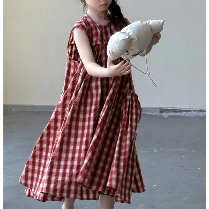 Children's Plaid Dress, Girls' Stylish Vest Skirt, Children's Clothing, Summer Little Girls' Princess Dress