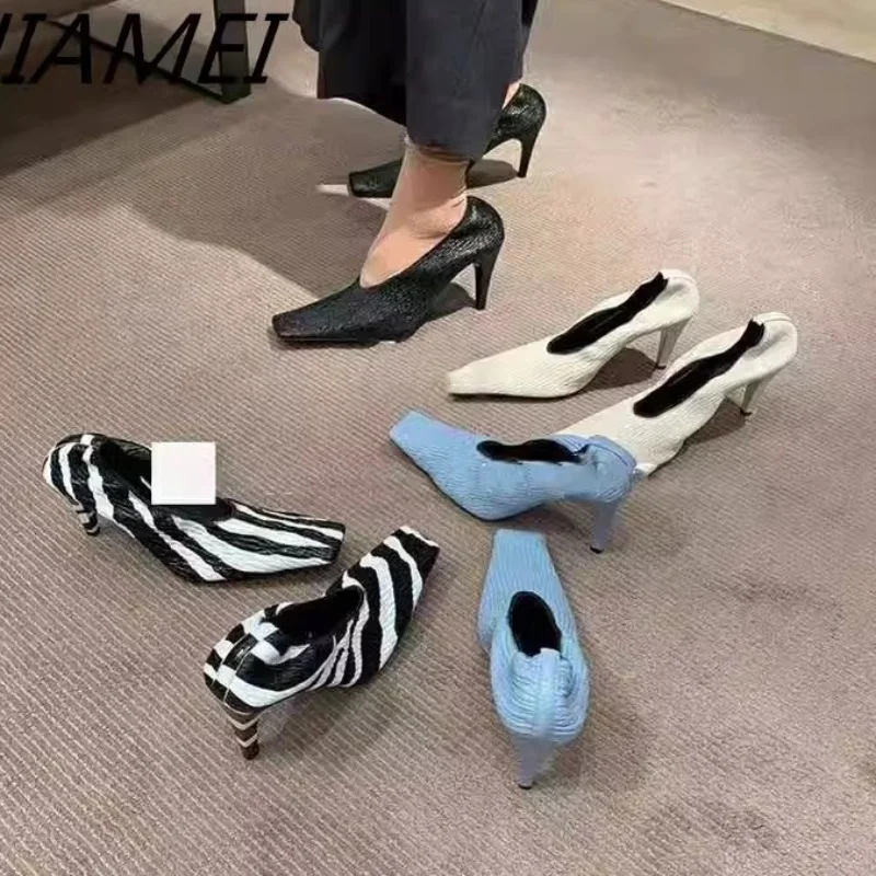 2026 Square Head Early Spring New Fine Heel Zebra-Print Soft Leather Pleated Elastic Witch High Heel Deep Mouth Granny Shoes