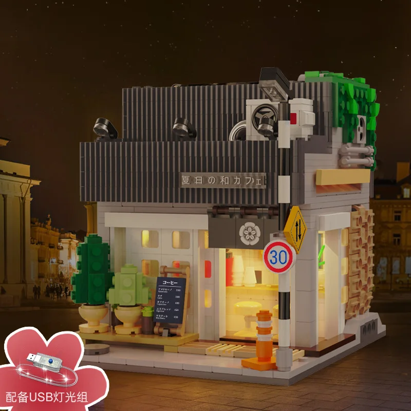 Creative Japanese Summer Breeze Coffee Shop Model Modular Street view Series Adultes DIY Toys Building Blocks USB light Boy Gift