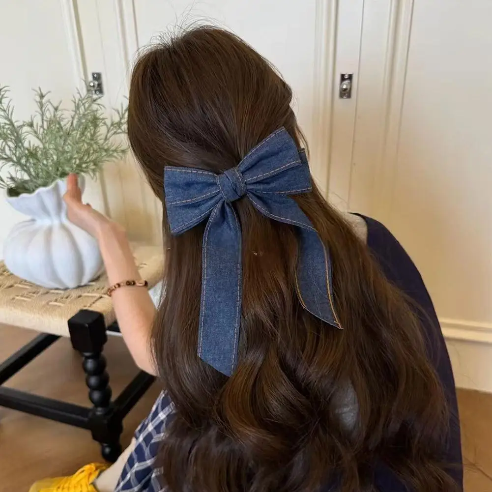 Korean Fashion Denim Blue Ribbon Bow Hair Clips for Woman Girls Sweet Elegant Hairpins Duckbill Clip Barrettes Banana Clip K6Q7