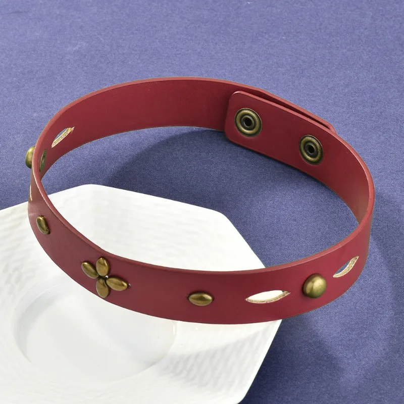 

Dark red leather, retro bronze metal leather collar, a hot girl