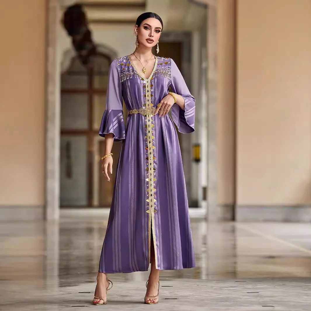 Purple vertical strip woven gold lotus leaf sleeve dress hand-sewn diamond heavy industry belt long dress temperament classic lu