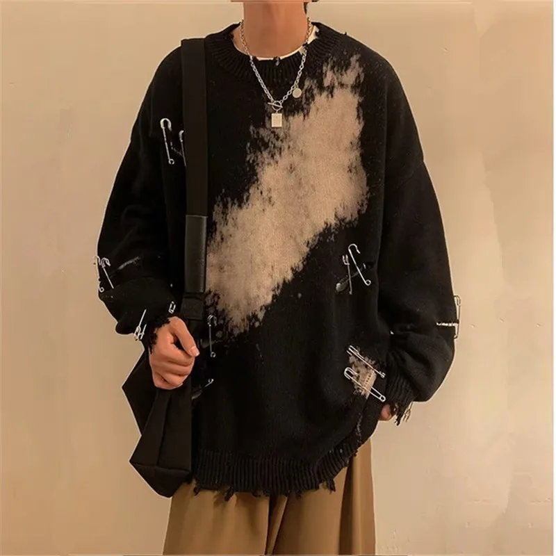 Y2K Men Oversized Vintage Ripped Hole Pullover Black Sweater Hip Hop Mens Tie Dye O-Neck Knitted Streetwear Knitwear Pull Homme