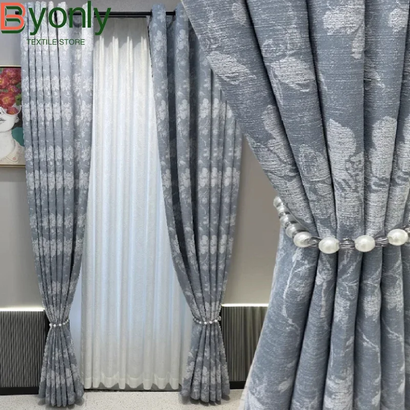 

American Retro Blue Beige Flower Jacquard Chenille Blackout Curtains for Living Room Bedroom French Window Balcony Customized