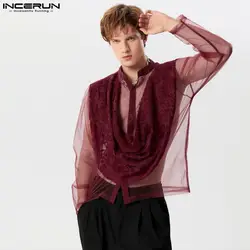 INCERUN Tops 2024 American Style Men's Front Fringe Patchwork Mesh Design Shirts Sexy Perspective Thin Long Sleeved Blouse S-5XL