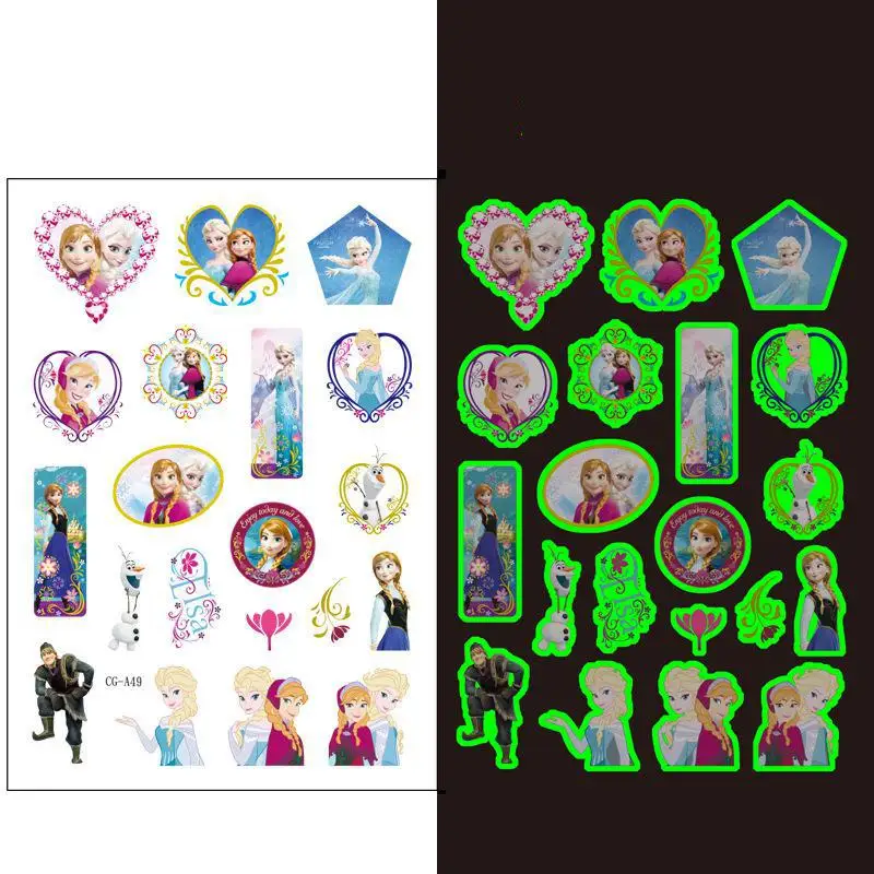 Frozen Anna Luminous Tattoo Sticker Cartoon Disney Princess Crianças Braço Rosto Brilhante Tatuagem Crianças Descartáveis Tatuagem Corporal