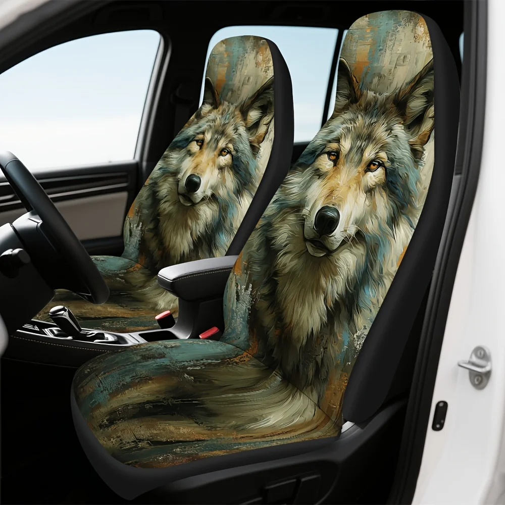 Set Of 2, Featuring A Wolf Portrait Oil Painting, These Front Car Seat Covers Serve As Decorative Additions For The Driver'S Sea