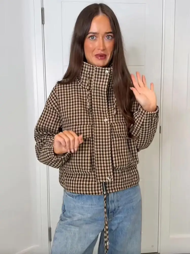 Karierte Jacke mit Kordelzug am Bund und Reißverschluss für Damen, lässiger, lockerer Mantel mit Kapuze und langen Ärmeln, Herbst 2026, Pendler- und Streetwear, rote Jacken und Mäntel – Detail 9
