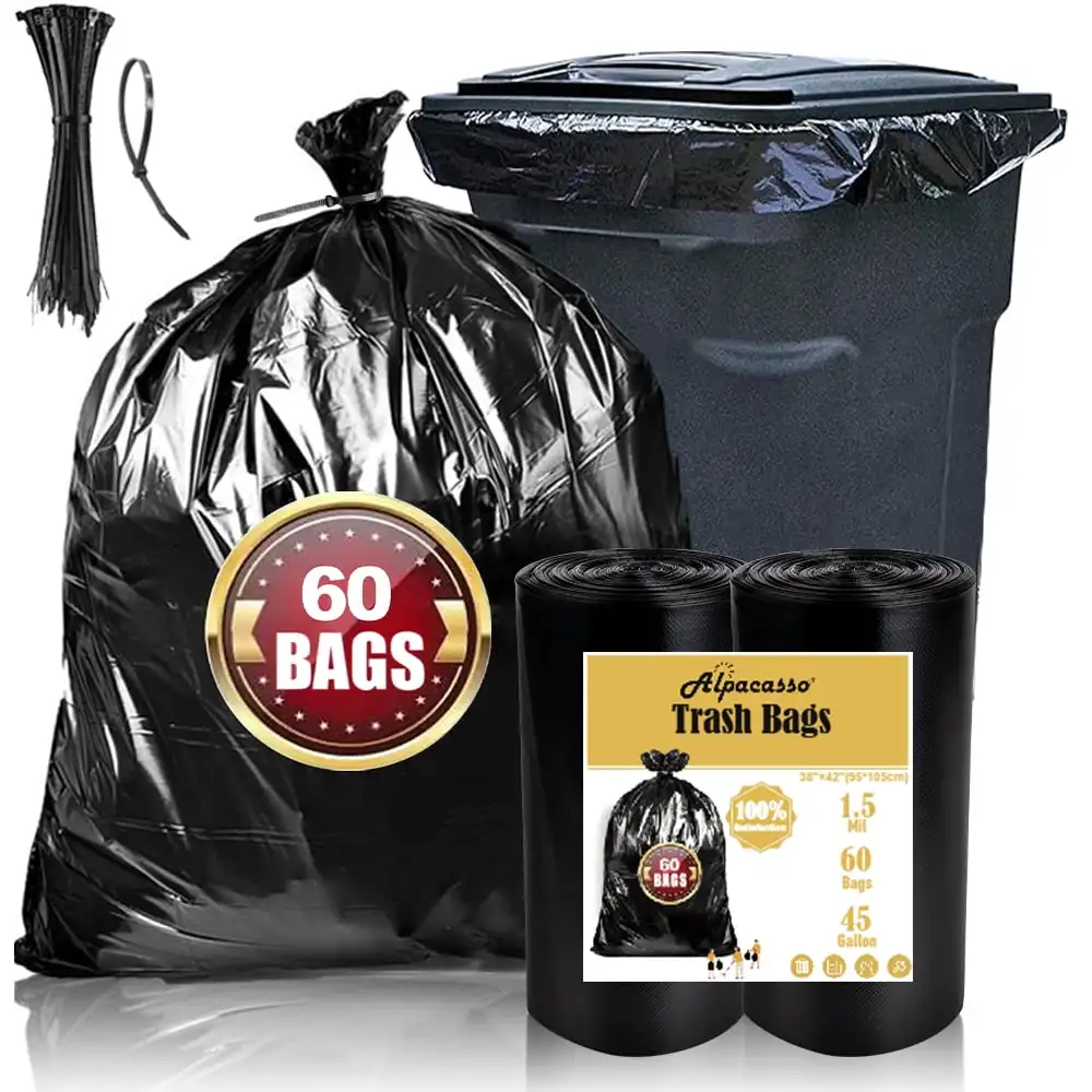 

40-45 Gallon Trash Bags, 1.5Mil, Black Heavy Duty Garbage Can Liners Ideal for holding large items, bulk material waste