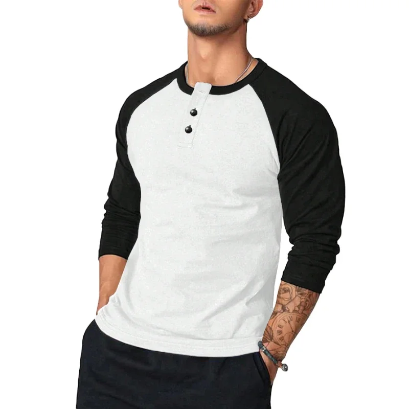 New Men\'s Casual T-shirt Men\'s Round Neck Slim Arm Color-blocked Long Sleeve T-shirt European and American Base Shirt