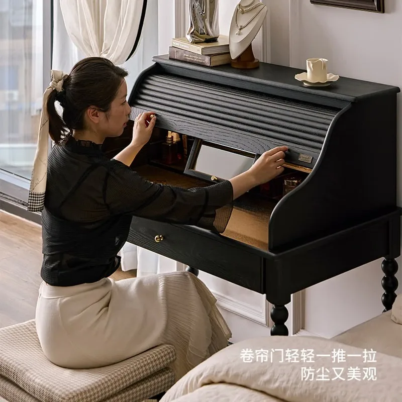 French retro solid wood dresser, integrated dressing cabinet, bedroom dressing cabinet, black high-end bedside storage