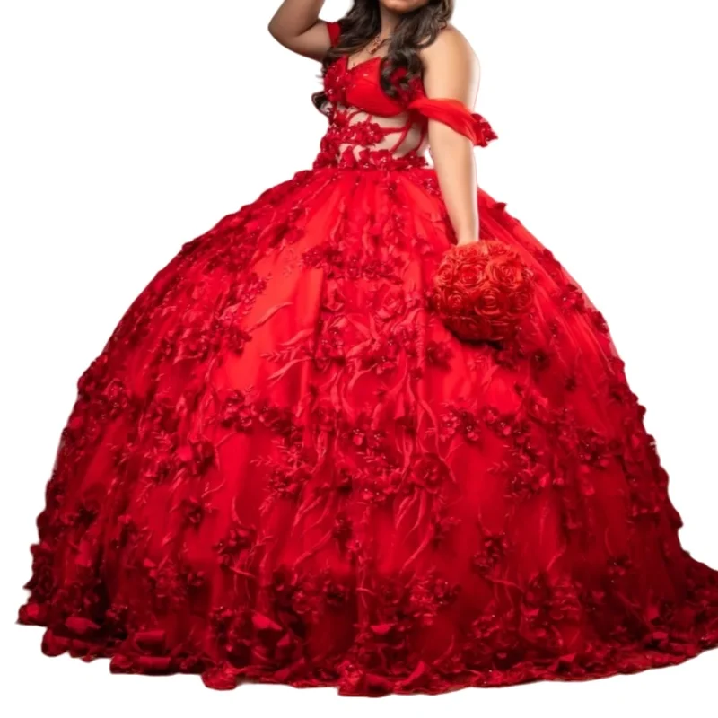 فساتين Quinceanera باللون الأحمر اللامع قبالة الكتف مزينة بالخرز على شكل زهرة تول المكسيكي فيستدوس دي 15 أنوس الأميرة الحلوة 16 عيد ميلاد