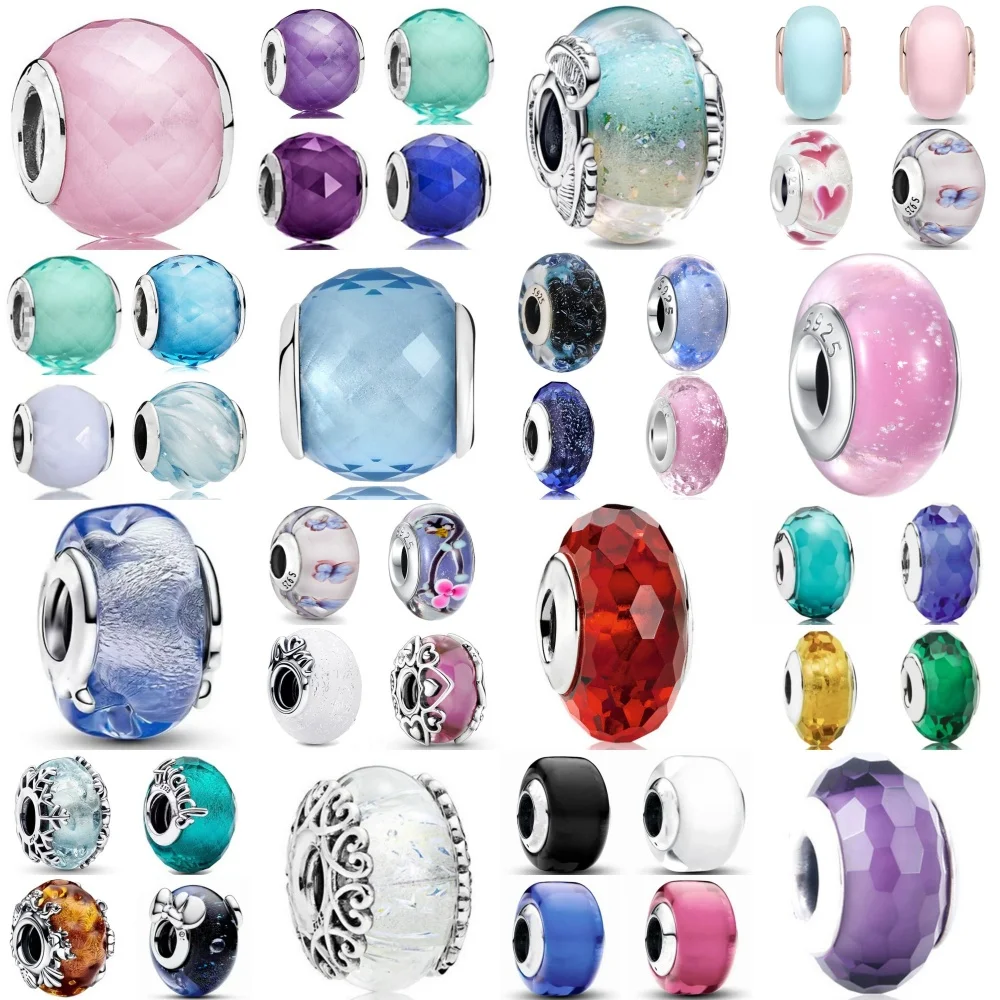

Сребряные 925, розовые, синие, красные, фиолетовые стеклянные бусины, подходящие для европейских оригинальных браслетов, аксессуары «сделай сам», изысканные ювелирные изделия