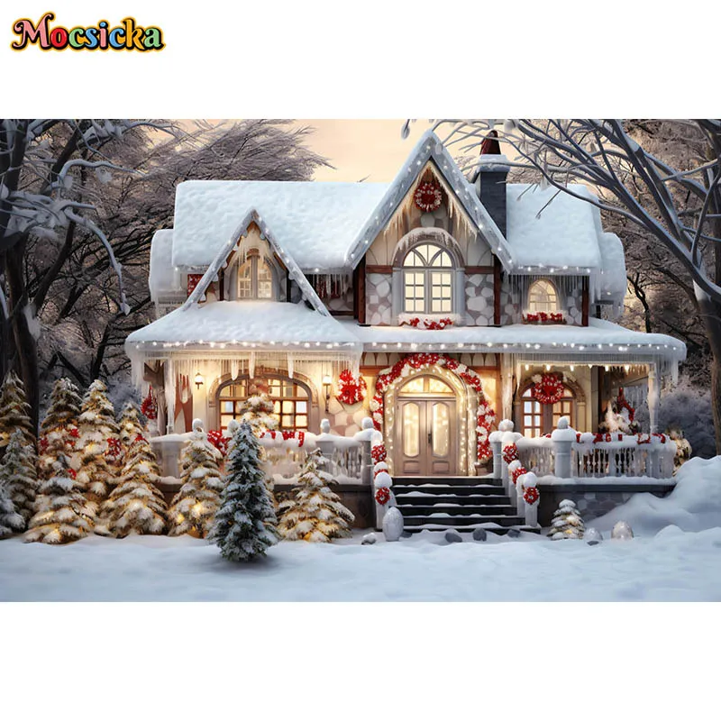 Winter Photography Background Christmas House Snowy Porch Snow Scene Xmas Party Kids Family Portrait Decor Backdrop Photo Studio