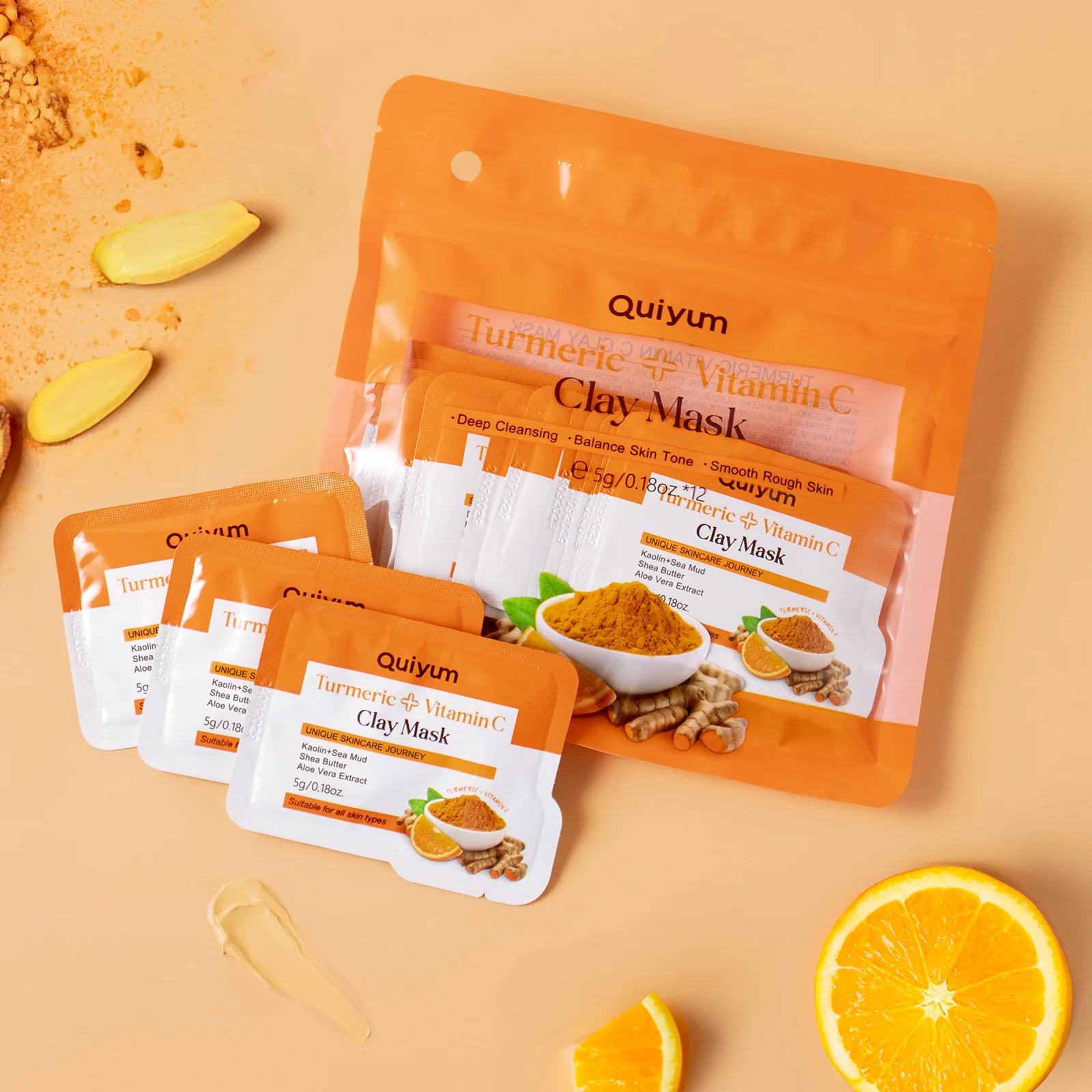 QUIYUM Turmeric Vitamin C Clay Mask 5gx12pcs Box Set Travel Size Wash Off Mud Mask for Deep Pore Cleansing Hydrating Brightening