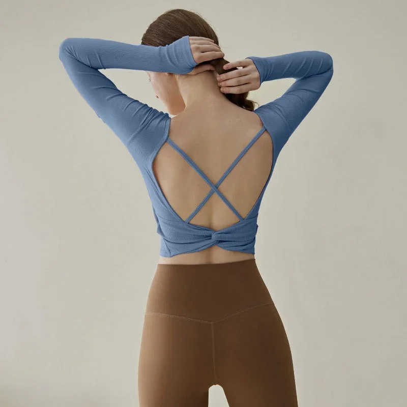 PofyBofy Sexy Back Workout Winter Fall Gym Long Sleeve Crop Top Autumn Long Sleeve Bras Padded Backless Active Shirt Crisscross