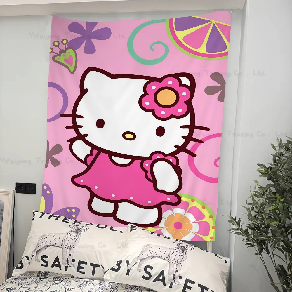 Lovely H-Hello Pink Cat Printed Large Wall Tapestry Indian Buddha Wall Decoration Witchcraft Bohemian Hippie Decor Blanket