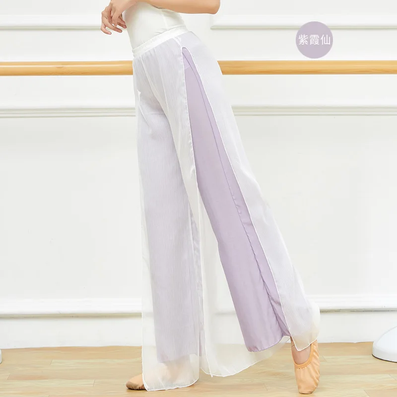 Classical Dance Pant Two Layers Flowy Wide Leg Chiffon Pants Modern Dance Practice Wear Chinese Folk Dance Outfit Contrast Color