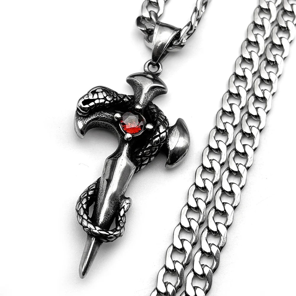 

Gothic Punk Sword Red Stone Snake Cross Pendant Necklace for Women Men Stainless Steel Silver Color Vintage Cuban Chain Jewelry