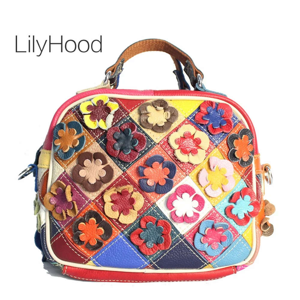 Multi-color Floral Patchwork Handbag 2024 Female Fashion Flower Genuine Leather Big Capacity Messenger Bag for Women Daily Work