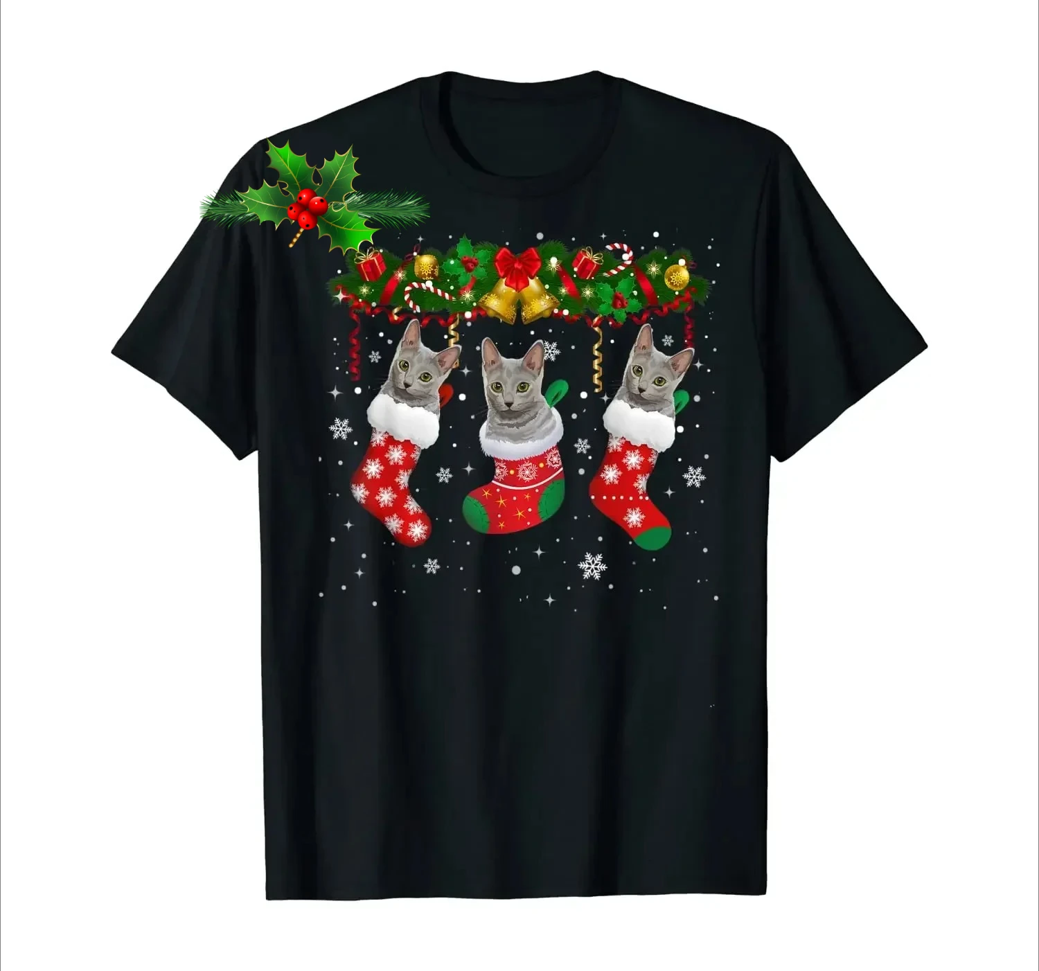 Funny Russian Blue Cats Christmas Sock Xmas Gift T-Shirt 100% Cotton O-Neck Summer Short Sleeve Casual Mens T-shirt Size S-3XL