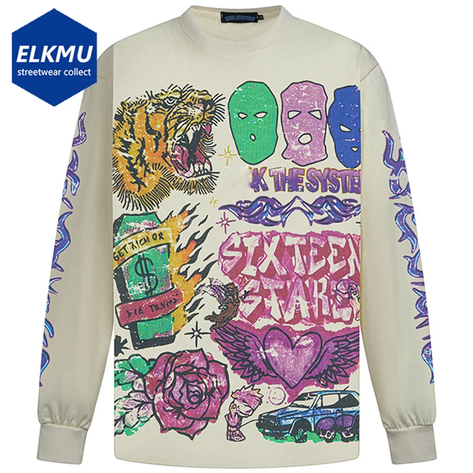 

Men Vintage Oversized T Shirts Heart Flower Graphic T-shirts Streetwear Harajuku Hip Hop Tshirts Long Sleeve Tee Tops Tshirts
