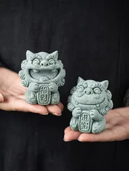 2pcs Stone Animal Sculpture Cute Lion Tea Pet Ornaments Creative Fortune Feng Shui Decoration Tea Table Decorative Crafts