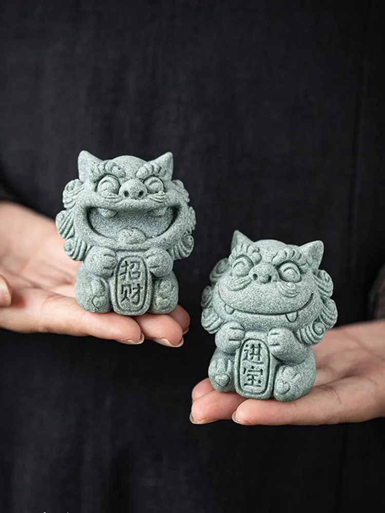 2pcs Stone Animal Sculpture Cute Lion Tea Pet Ornaments Creative Fortune Feng Shui Decoration Tea Table Decorative Crafts