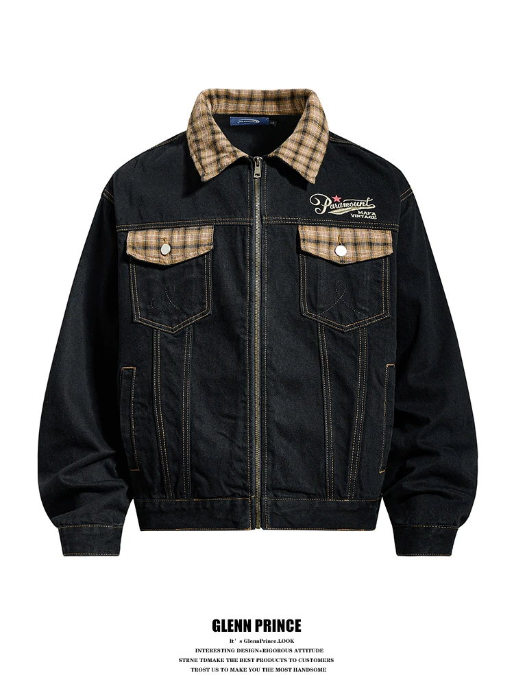 

Мужская куртка в стиле американского ретро с контрастным клетчатым воротником, рабочая одежда, трендовый дизайн для ранней весны, повседневная верхняя одежда свободного кроя, длинная...