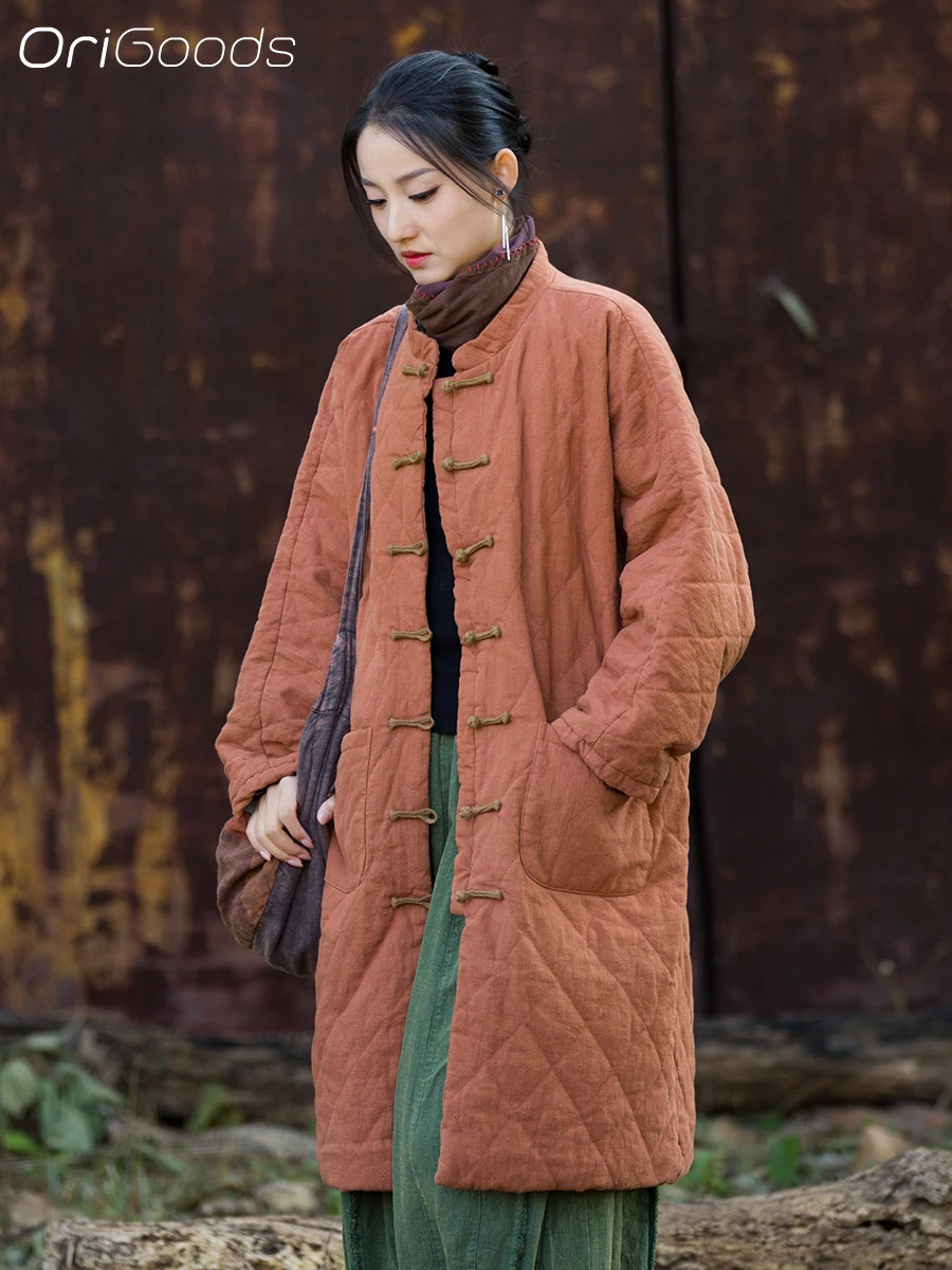 OriGoods Oversized Cotton Padded Long Coat Woman Thick Warm Parkas Jacket Woman Quilted Outerwear Chinese Winter Clothes B353