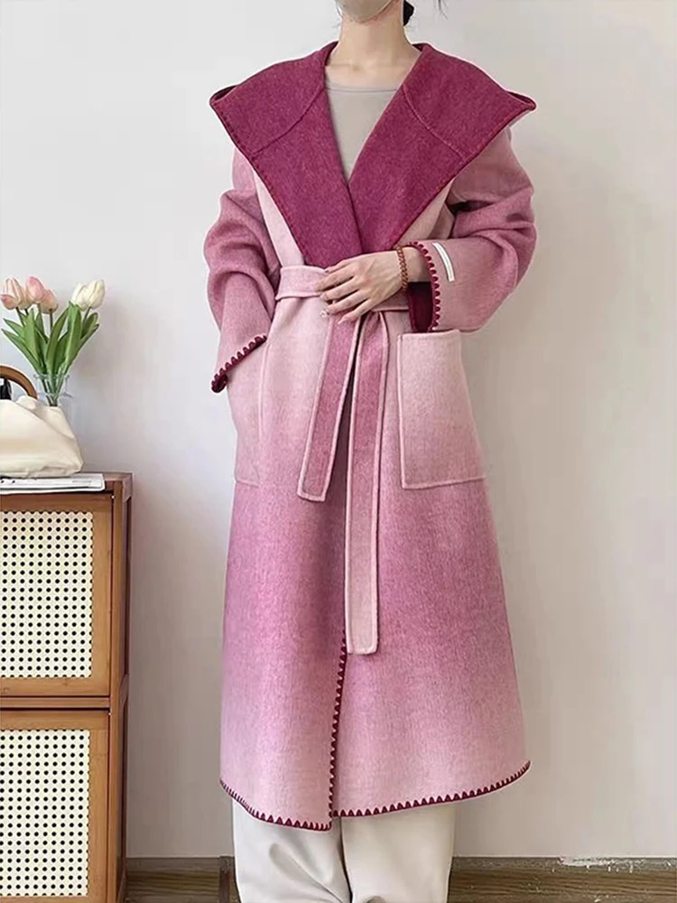 [EWQ] Gradient Double-sided Cashmere Coat For Women Thick Warmth Elegant Hooded Woolen Overcoat 2025 Autumn Winter New 16U5358