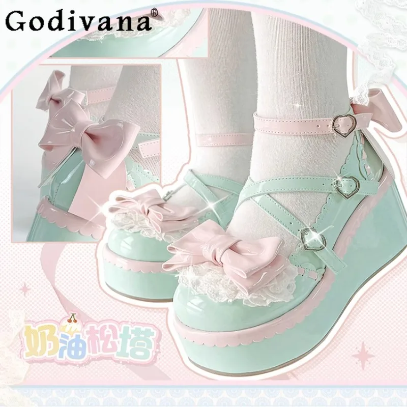 Scarpe da donna dolci con fiocco con plateau Lolita Scarpe da donna carine con tacco alto stile giapponese Scarpe Lolita rosa blu primavera estate femminile