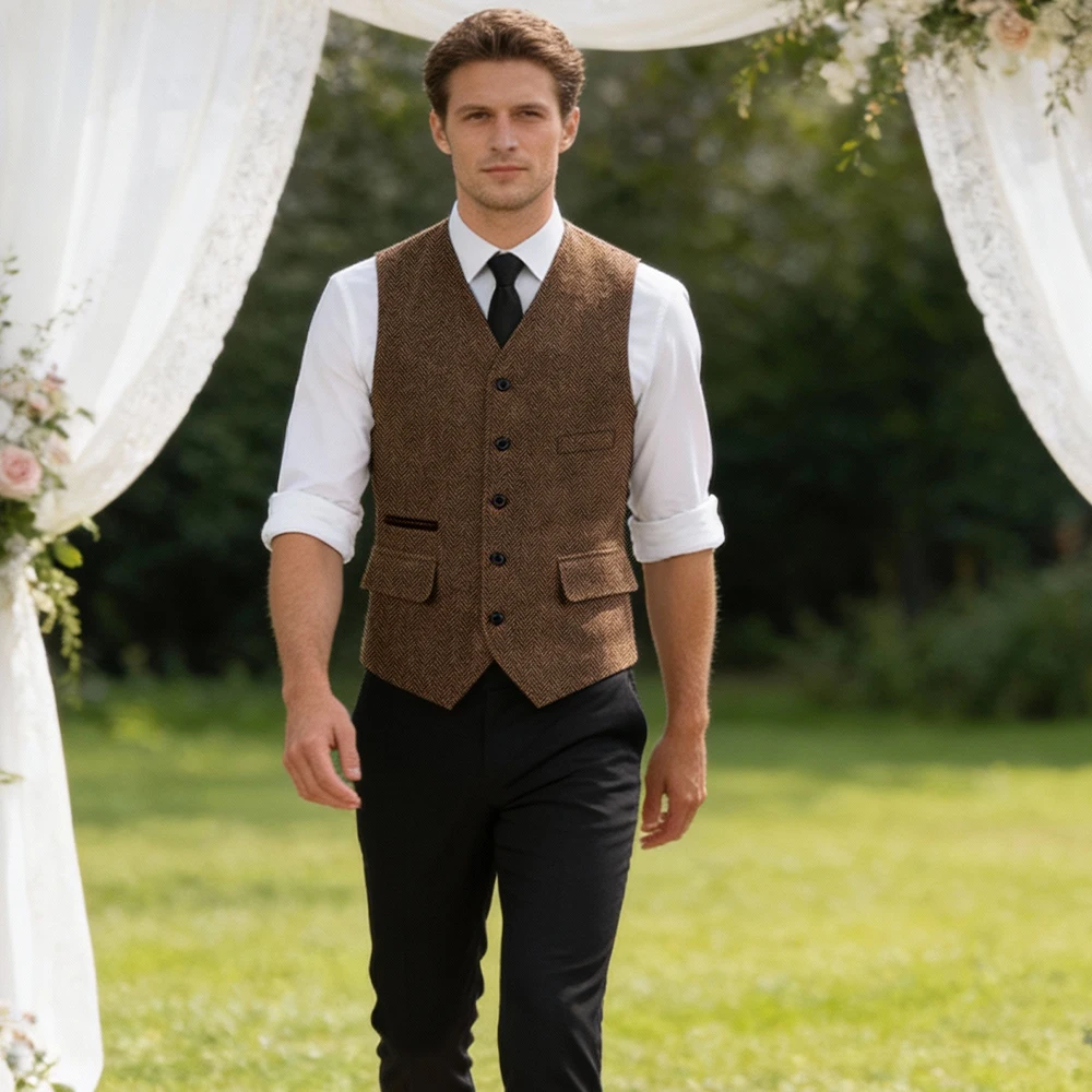 V Neck Men's Herringbone Tweed  Real Pocket Wasitcoat  Men's Suits Vest Single Breasted  Winter Men's Waistcoat In Stock