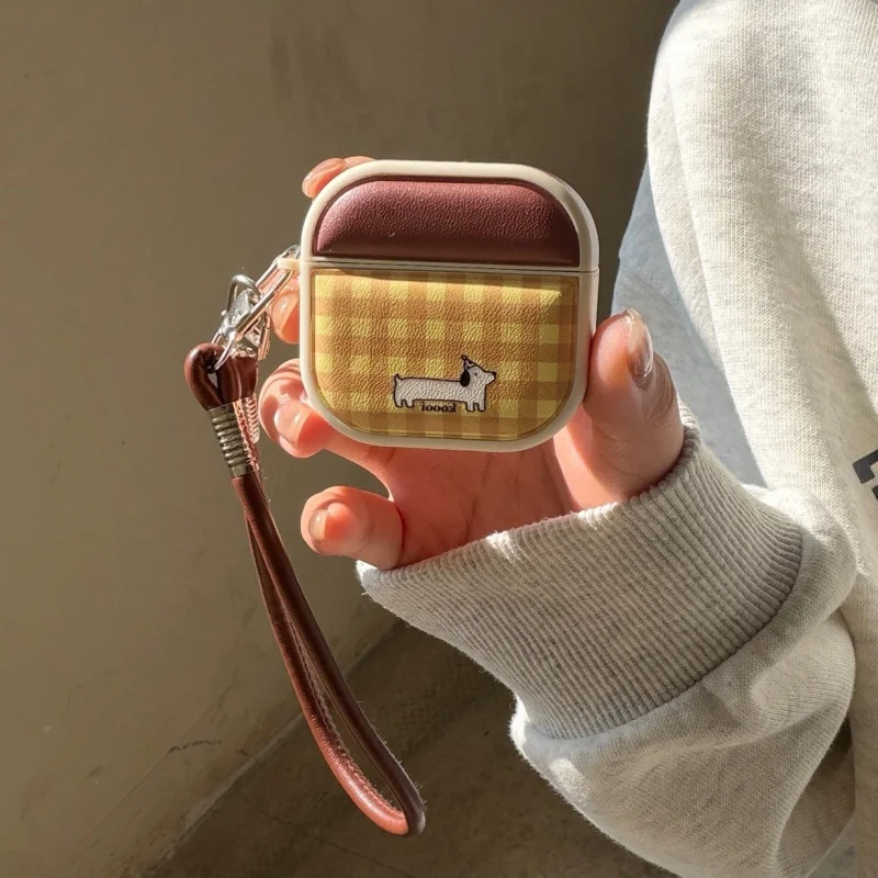 

Cute Cartoon Dog Plaid Pattern Earphone Case For Apple Airpods 4 3 2 Pro 3 Cover with Hand Rope Shockproof Leather Headphone Cas