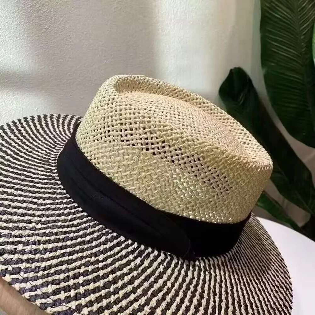 Women's Lightweight Sun Hat Wide Brim Striped Pattern Paper Straw Material Breathable for Travel Beach and Garden Events