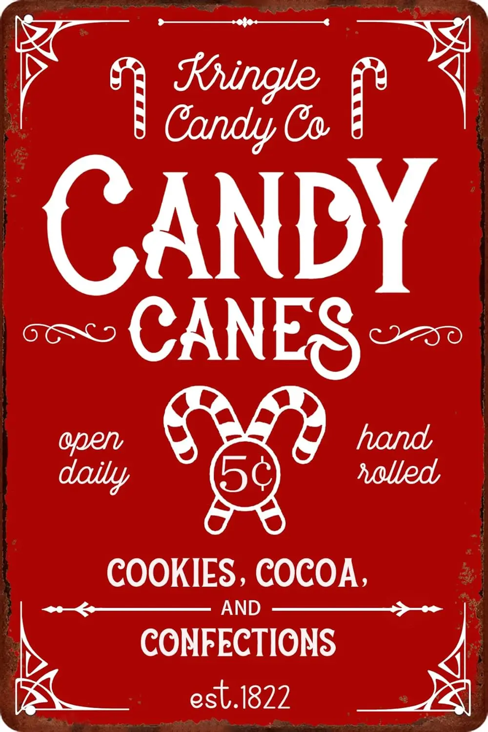 Candy Canes Sign Open Daily Cocoa Confections Metal Tin Sign Farmhouse Christmas Decor Vintage Retro Poster for Cafe Bar Home Wa