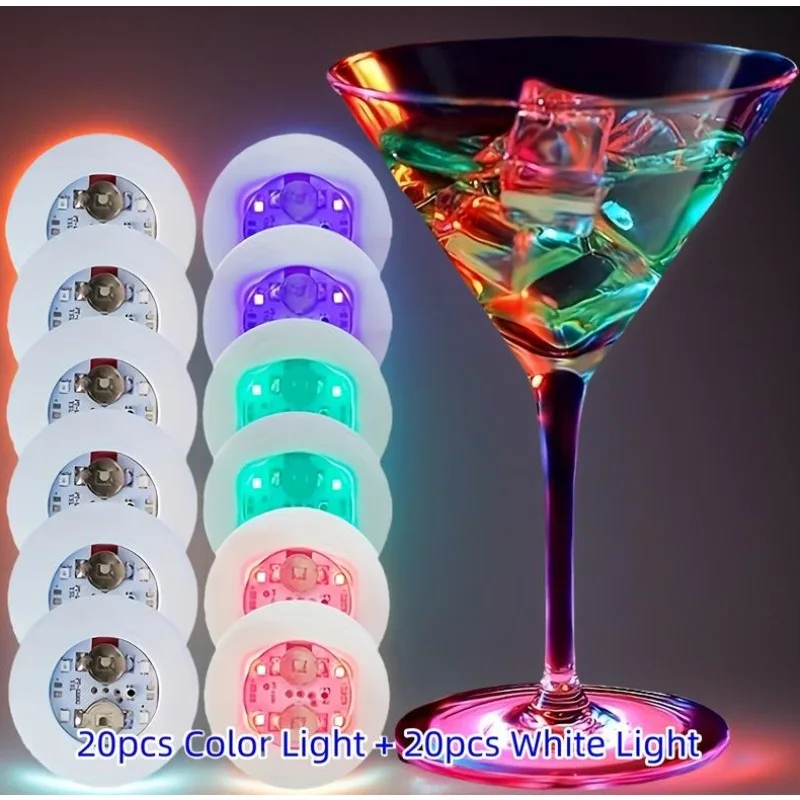 40pcs LED Coaster Luminous Bottle Stickers Lights 6cm Lamps for Xmas Bar KTV Wedding Party Cocktail Drink Cups Vase Decor