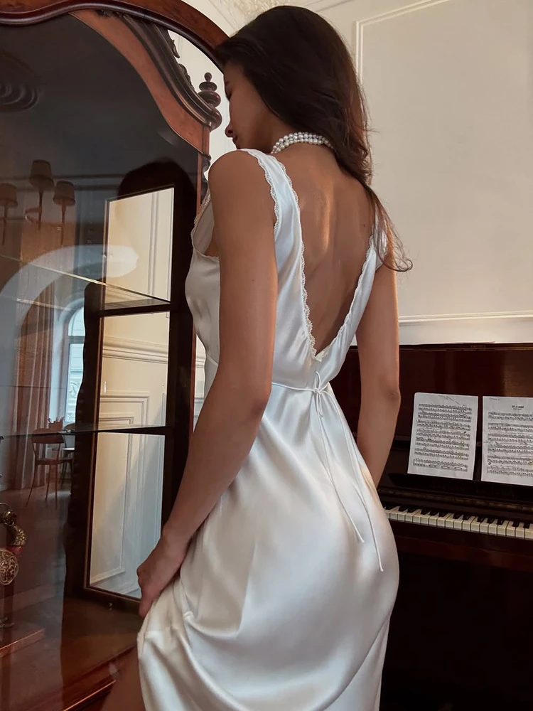 Talenza White Elegant Stain Women Sling Dress Sexy Backless Sleeveless V Neck High Waist Evening Gown Summer Chic Lady Partywear