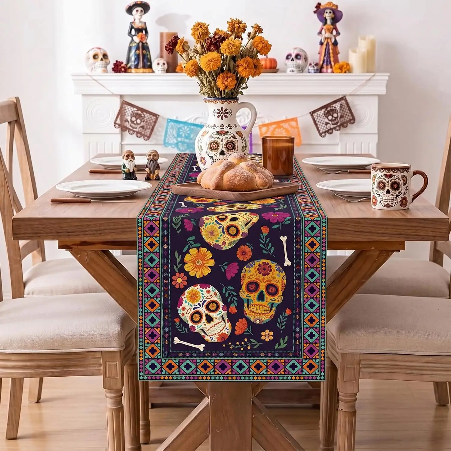 Mexican Day of The Dead Sugar Skull Table Runner Party Decor Reusable Kitchen Dining Table Runner Dia De Los Muertos Decorations