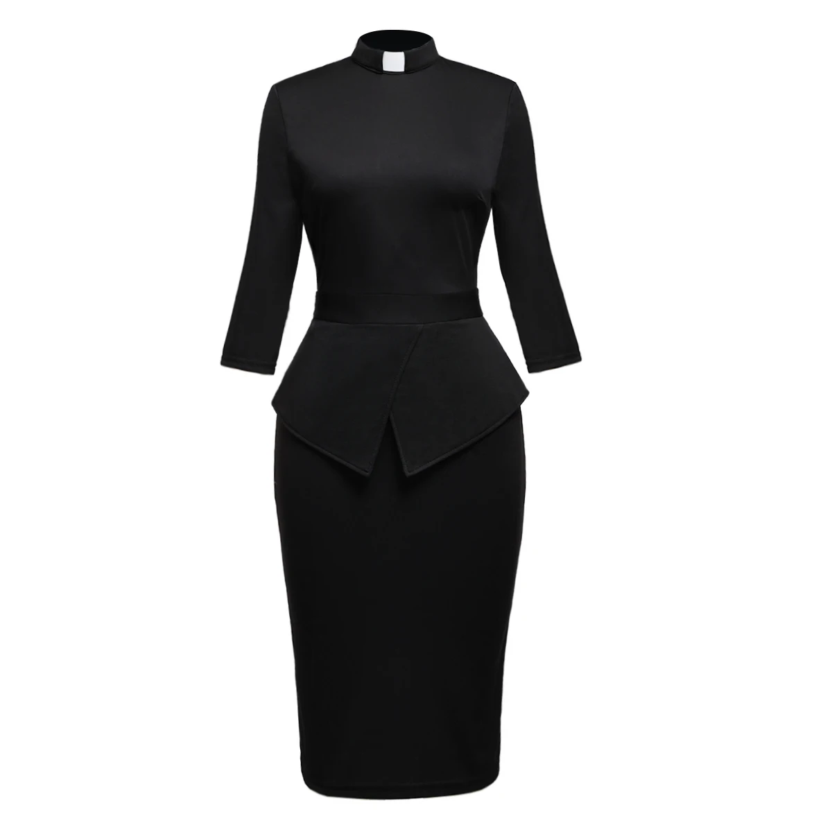 Women Catholic Dress Clergy Tab Collar Church Dress for Work Formal Bodycon Mass Sheath Midi Pencil Dress