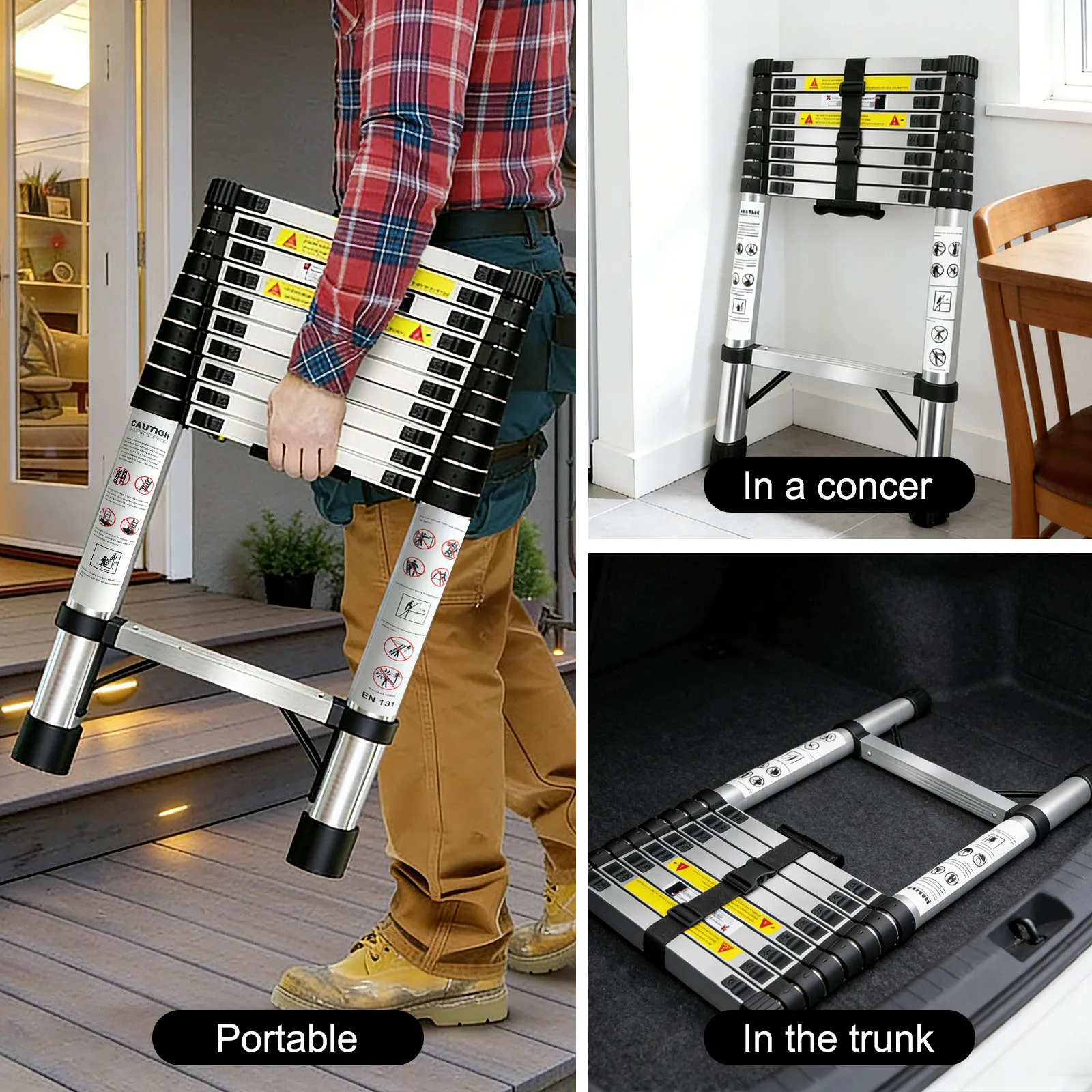 Heavy Duty 3.8m Telescopic Ladder, 150kg Load Stainless Steel Foldable Step Ladder, Anti-Slip Portable Safety Ladder for Home Repair & Garden High Work