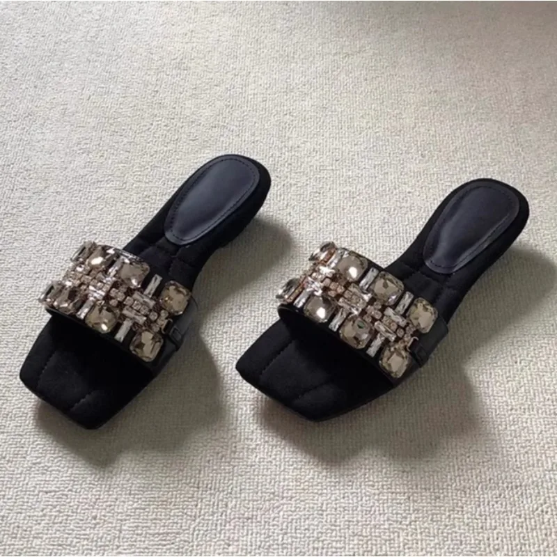 

Новинка 2026, женская обувь, летние уличные современные тапочки с открытым носком, однотонные женские тапочки на квадратном каблуке со стразами Advanced Sense