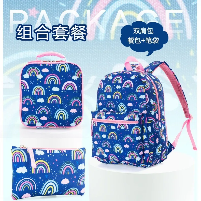 Girls Backpack 3 Piece Set Primary School Student School Bag Insulated Lunch Bag and Pencil Case Rainbow Print