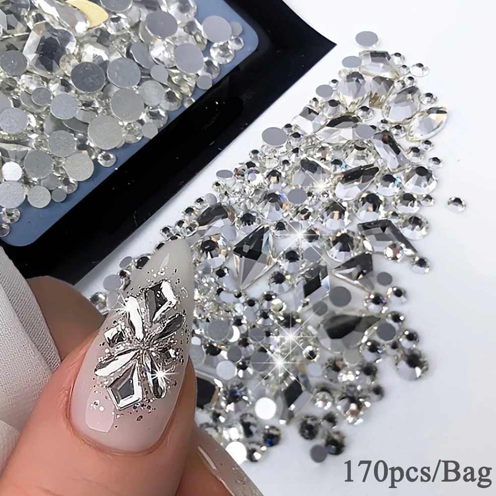 170pcs Mixed Nail Art Rhinestones Charms Jewelry 150pcs Round Flatback Glass Gems Plus 20pcs Odd Shaped Diamonds 3D Nails Decor