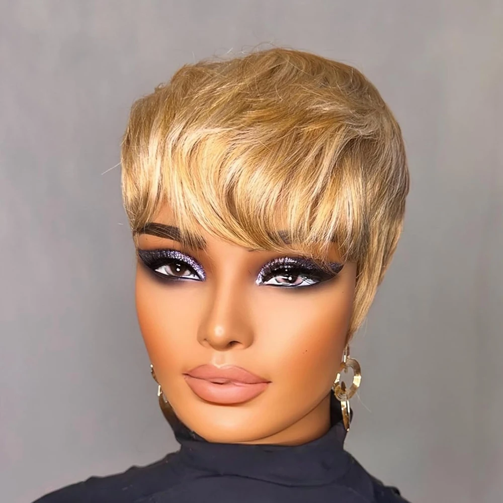 Медовый блондин, короткий парик с стрижкой пикси, многослойные прямые парики из натуральных волос, базильские волосы с предварительно выщипанной челкой для женщин, машинное производство
