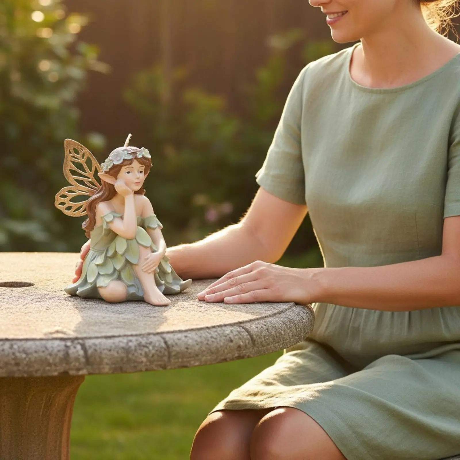 Flower Fairy Statue Weather Resistant Sitting Fairy Figurine Elf Girl Sculpture Thoughtful Pose House Decoration for Shelf
