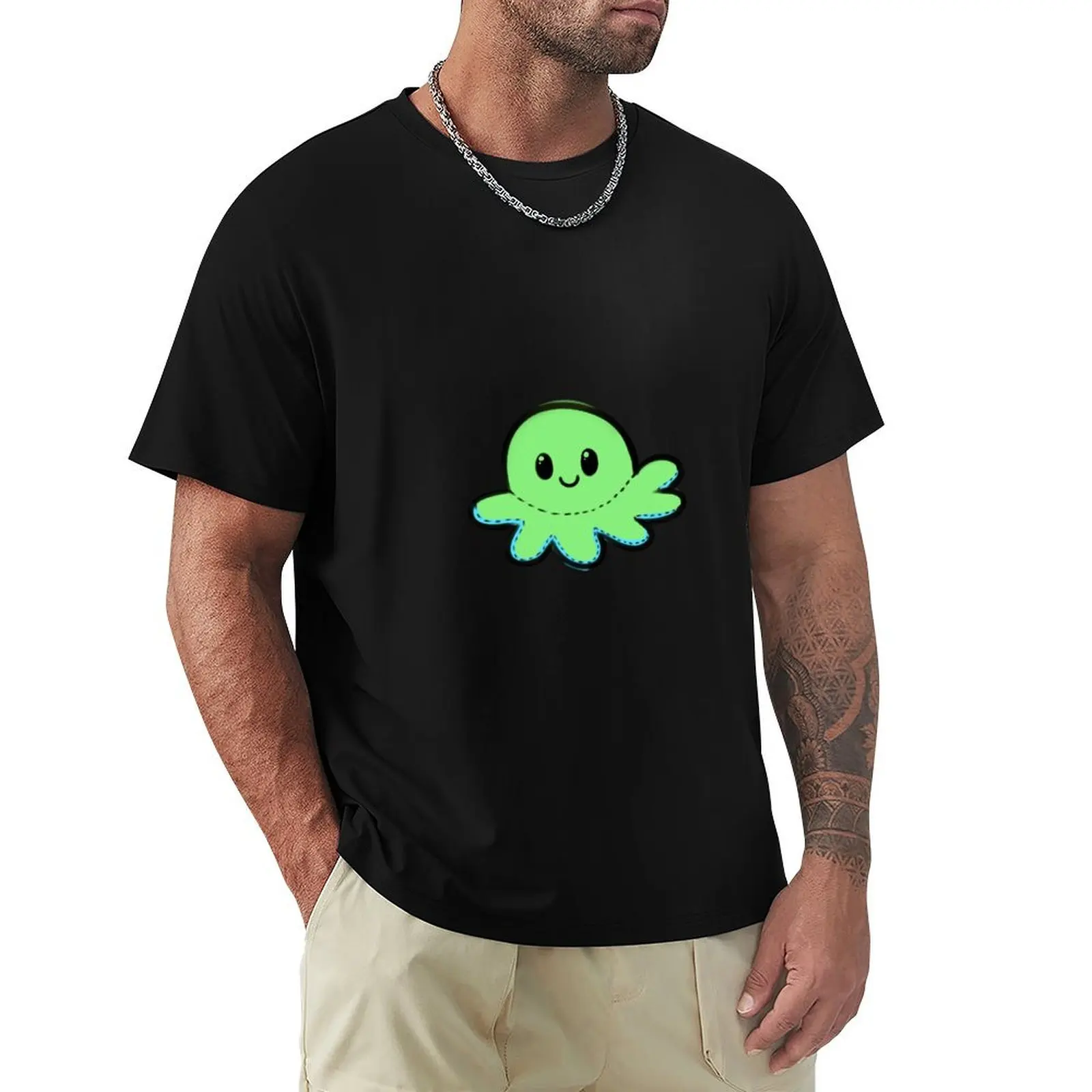 Happy Plush Octopus Green and Blue T-Shirt Art Pattern Printed Casual Top