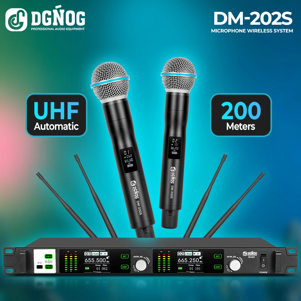 

UHF Wireless Microphone System 2 Channel 200 Selectable UHF Frequencies Automatic Matching for Home Gatherings and KTV DGNOG