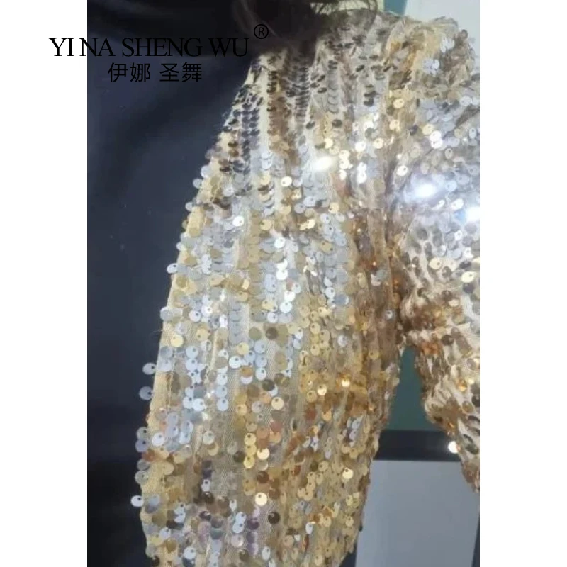 Bright Sequin Jazz Dance Performance Suit Women Neck Long Sleeve Short Cropped Jacket Versatile Stage Costume Polyester Outfit